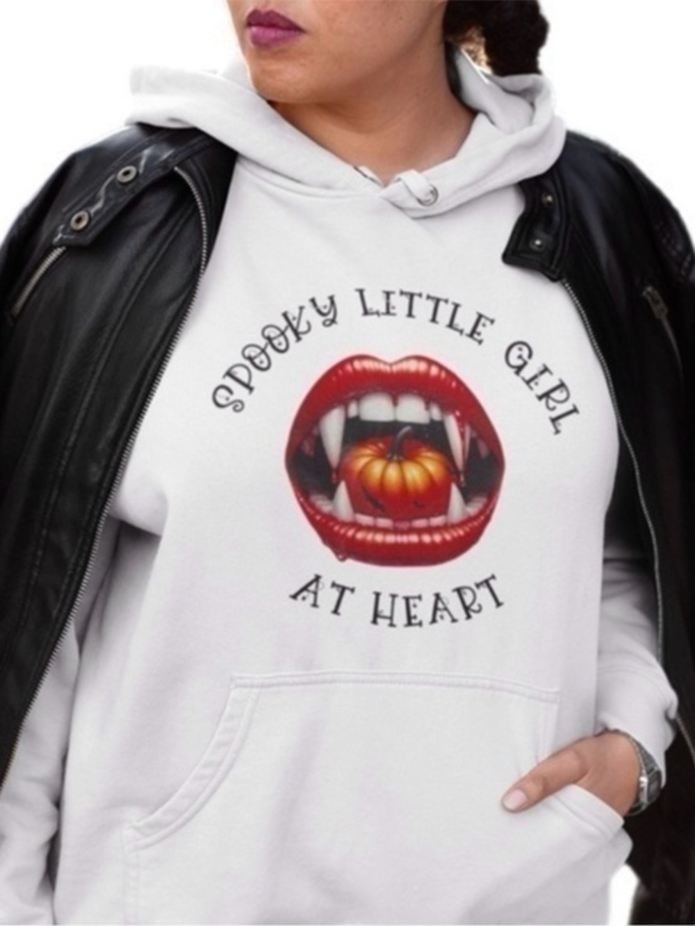 The Blind Medium Champion White Graphic Hoodie Spooky Girl Vampire Pumpkin